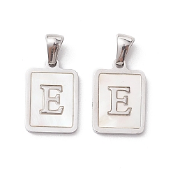 Letter E 304 Stainless Steel Pave Shell Pendants, Rectangle Charm, Stainless Steel Color, Letter E, 17.5x12x1.5mm, Hole: 3x5mm