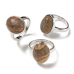 Пейзажный Джаспер Регулируемые кольца из натуральной яшмы овальной формы, без свинца и без кадмия, посеребренные латунные перстни для женщин и мужчин, овальный : 18x14 mm, внутренний диаметр: 18 мм