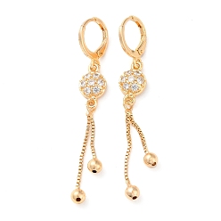 Light Gold Rhinestone Flat Round Leverback Earrings, Brass Chains Tassel Earrings for Women, Light Gold, 56x8mm