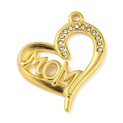 Crystal Ion Plating(IP) Real 18K Gold Plated 304 Stainless Steel Rhinestone Pendants, Heart with Word Mom Charms, for Mother's Day, Crystal, 26x22x2mm, Hole: 1.5mm
