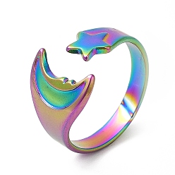Rainbow Color Ионное покрытие (ip) 304 открытая манжета из нержавеющей стали со звездой и луной для женщин, Радуга цветов, размер США 7 (17.3 мм)