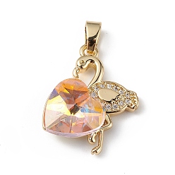 Бледно-Розовый Настоящие позолоченные подвески из латуни с микропаве из прозрачного кубического циркония, со стеклом, долговечный, без кадмия и без свинца, фламинго с сердечком, розовый жемчуг, 18 мм, отверстие : 24x19x8 мм