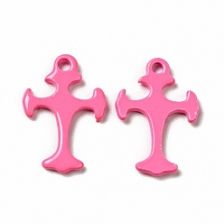 Hot Pink Spray Painted 201 Stainless Steel Charms, Cross Charms, Hot Pink, 14x9.5x1mm, Hole: 1.2mm