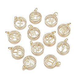 12 Chinese Zodiac Signs DIY Brass Micro Pave Cubic Zirconia Pendants, Flat Round with Constellation/Zodiac Sign, Golden, 12 Chinese Zodiac Signs, 20x17x2mm, Hole: 2.5mm