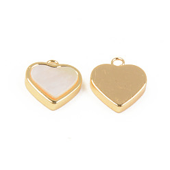 Seashell Color Natural White Shell Mother of Pearl Shell Charms, with Golden Brass Findings, Heart, Seashell Color, 12x10x2.5mm, Hole: 1.2mm