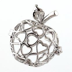 Платина Подвески из латуни, для ожерелья, полая яблоко, платина, 32.5x30.5x22.5 мм, отверстия: 4x6 мм, Внутренняя мера: 20x22 мм