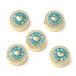 Бирюза Латунные микро проложить кубического циркония бусы, с эмалью и ракушкой, долговечный, без свинца и без кадмия, реальный 18 k позолоченный, плоско-круглые с сердцем, бирюзовые, 12x5.5 мм, отверстие : 2 мм