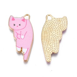 Pearl Pink Printed Alloy Pendants, Cadmium Free & Nickel Free & Lead Free, Light Gold, Cat, Pearl Pink, 30x15x1.5mm, Hole: 2mm