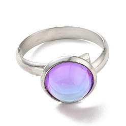 Лиловый K9 стеклянное плоское круглое кольцо на палец, 304 женские украшения из нержавеющей стали, цвет нержавеющей стали, сирень, размер США 7 3/4 (17.9 мм), кольцо поверхность: 12x7mm