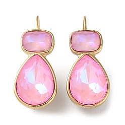 Pearl Pink 304 Stainless Steel with Glass Leverback Earrings, Teardrop, Pearl Pink, 30x16mm
