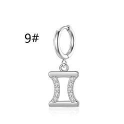Gemini Clear Cubic Zirconia Constellation Dangle Hoop Earrings, 304 Stainless Steel Jewelry for Women, Stainless Steel Color, Gemini, 6mm