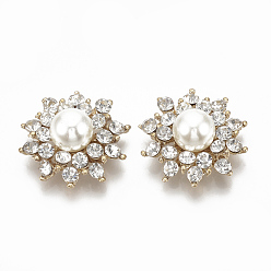 Crystal Alloy Cabochons, with Rhinestone and ABS Plastic Imitation Pearl, Flower, Golden, Crystal, 25x24x10.5mm