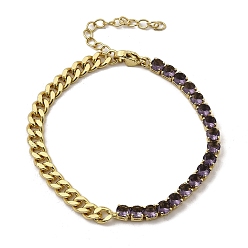Фиолетовый Латунные браслеты с квадратными звеньями из микрофибры с кубическим цирконием, цепочка панцирного плетения ювелирные изделия для женщин, без кадмия и без свинца, долговечный, стойки покрытие, реальный 18 k позолоченный, фиолетовые, 6-5/8 дюйм (16.7 см)