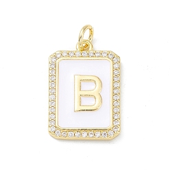 Letter B Brass Enamel Micro Pave Clear Cubic Zirconia Pendants, with Jump Ring, Real 18K Gold Plated, Rectangle Charm, Letter B, 20x13.5x2mm, Hole: 3.4mm