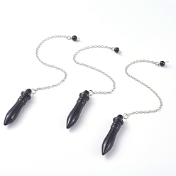 Black Agate Natural Black Agate Pointed Dowsing Pendulums, with Brass Cable Chains, Bullet, 238~255mm, Hole: 2.5mm, Pendants: 53x12mm