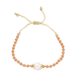 Dark Orange Adjustable Pearl & Glass & Brass Braided Beaded Bracelet for Women, Dark Orange, Inner Diameter: 1-7/8~2-7/8 inch(4.8~7.3cm)