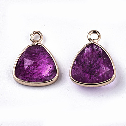 Medium Violet Red Glass Charms, with Light Gold Tone Brass Findings, Triangle, Faceted, Medium Violet Red, 14x11x4mm, Hole: 1.5mm