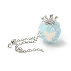 Pale Turquoise Polymer Clay Rhinestone Beads, with Acrylic & Glass Cabochon & Alloy Chain, Rose with Crown & Fishtail, Pale Turquoise, 21~22x19x18.5~19mm, Hole: 1.8mm