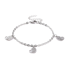 Stainless Steel Color 304 Stainless Steel Heart Charm Bracelet with Cable Chains for Valentine's Day, Stainless Steel Color, 7-1/8 inch(18cm)