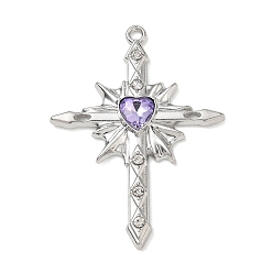 Violet Alloy with Rhinestone Pendants, Cross with Heart Charms, Rack Plating, Cadmium Free & Nickel Free & Lead Free, Platinum, Violet, 43.5x31.5x4mm, Hole: 1.8mm