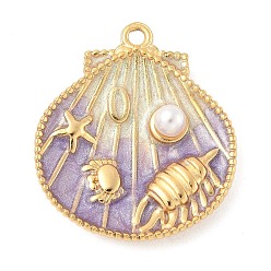 Средний Фиолетовый 304 нержавеющей стальной эмали подвески, с ABS имитации жемчуга, шарм в форме ракушки, реальный 18 k позолоченный, средне фиолетовый, 29x25.5x5 мм, отверстие : 1.8 мм