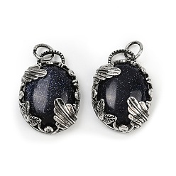 Синий Драгоценный Камень Синтетический синий авантюрин подвески, овальные подвески с латунной оправой, античное серебро, 30.5~31x21~21.5x8~8.5 мм, отверстие : 5.5 мм