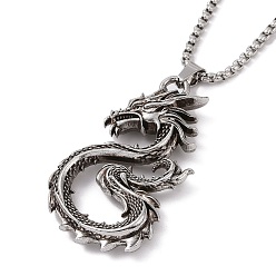 Antique Silver & Stainless Steel Color 201 Stainless Steel Chain, Zinc Alloy Pendant Necklaces, Dragon, Antique Silver & Stainless Steel Color, 23.62 inch(60cm)