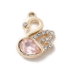 Pink UV Plating Alloy Pendants, with Crystal Rhinestone and Glass, Golden, Swan Charms, Pink, 19.5x15x5mm, Hole: 1.5mm