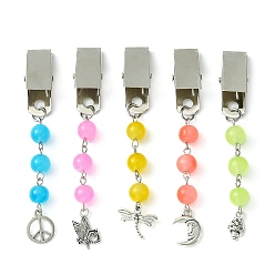 Mixed Color Peace Sign/Dragonfly/Moon Tibetan Style Alloy Pendant Credit Card Clip Puller, Baking Painted Imitation Jade Glass Round Beaded Credit Card Clip, Mixed Color, 82~88mm