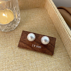 White Plastic Pearl Beads Stud Earrings, with 925 Sterling Silver Pins, White, 14mm