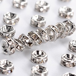 Clear Grade A Rhinestone Spacer Beads, Clear, Brass, Platinum Color, Nickel Free, about 4mm in diameter, 2mm thick, hole: 0.8mm