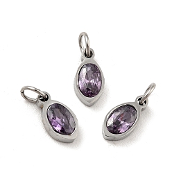 Medium Purple 304 Stainless Steel Pendants, with Cubic Zirconia and Jump Rings, Single Stone Charms, Oval, Stainless Steel Color, Medium Purple, 10x5x3mm, Hole: 3.4mm