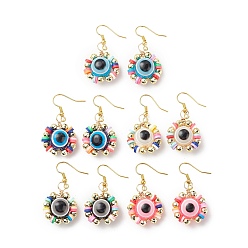 Mixed Color Plastic Evil Eye & Synthetic Hematite Braided Dangle Earrings, Golden Brass Wire Wrap Jewelry for Women, Mixed Color, 41.5mm, Pin: 0.7mm