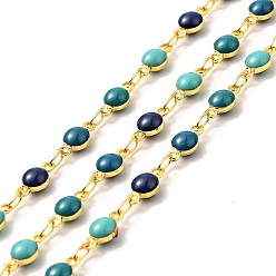 Dark Cyan Brass Flat Round Link Chains, with Enamel, Real 18K Gold Plated, Soldered, Long-Lasting Plated, with Spools, Dark Cyan, 4.5x9x3mm, 3x2x0.5mm