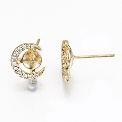 Clear Brass Micro Pave Clear Cubic Zirconia Stud Earring Findings, with Loop and for Half Drilled Beads, Nickel Free, Real 18K Gold Plated, Half Round, Clear, 12.5x9.5mm, Hole: 0.8mm, pin: 0.7mm, pin: 0.7mm(for half drilled beads)