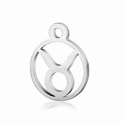 Taurus 201 Stainless Steel Charms, Flat Round with Constellation, Stainless Steel Color, Taurus, 13.4x10.8x1mm, Hole: 1.5mm