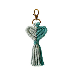 Dark Cyan Valentine's Day Tassel Keychain, Knitting Bag Pendant Heart Keychain, with Zinc Alloy Findings, Dark Cyan, 160~180x60~65mm