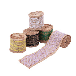 Mixed Color Burlap Ribbon, Hessian Ribbon, Jute Ribbon, with Lace, for Jewelry Making, Mixed Color, 2-1/8 inch(55mm), about 2m/roll, 5rolls/set