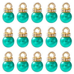 Light Sea Green ABS Plastic Charms, with Golden Tone Iron Findings and Rhinestone, Dyed, Round Charm, Light Sea Green, 13.5x8mm, Hole: 2.5mm, about 15pcs/bag