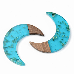 Темно-бирюзовый Подвески из прозрачной смолы и ореха, золотой фольгой, луна, темные бирюзовый, 28x22x3 мм, отверстие : 2 мм