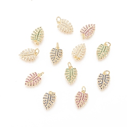 Mixed Color Brass Micro Pave Cubic Zirconia Pendants, Tropical Leaf Charms, with Jump Ring, Long-Lasting Plated, Real 18K Gold Plated, Monstera Leaf, Mixed Color, 15x10x2.5mm, Hole: 3mm