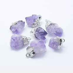 Amethyst Rough Raw Natural Amethyst Pendants, with Brass Findings, Nuggets, Platinum, 22~32x13.5~22x12~16mm, Hole: 2mm