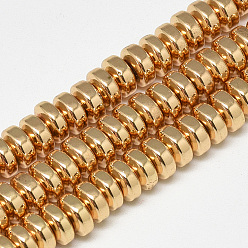 Light Gold Plated Electroplate Non-magnetic Synthetic Hematite Beads Strands, Heishi Beads, Flat Round/Disc, Light Gold Plated, 6x3mm, Hole: 2mm, about 137pcs/strand, 15.94 inch