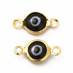 Black Ion Plating(IP) 304 Stainless Steel Connector Charms, Flat Round Links with Evil Eye Pattern, with Glass Enamel, Real 18K Gold Plated, Black, 13x6.5x2.5mm, Hole: 1.5mm