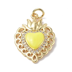 Yellow Eco-Friendly Rack Plating Brass Micro Pave Cubic Zirconia Pendants, with Enamel & Jump Ring, Long-Lasting Plated, Lead Free & Cadmium Free, Sacred Heart Charm, Real 18K Gold Plated, Yellow, 23x16.5x4mm, Hole: 3.4mm