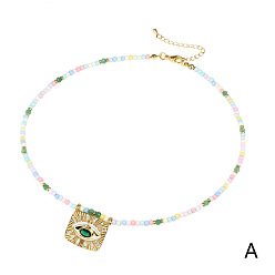 Green Diamond Fashion Glass Rice Bead Necklace with Devil Eye Pendant - Short, Unique, Diamond Inlay