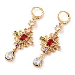 Colorful Rack Plating Golden Brass Dangle Leverback Earrings, with Cubic Zirconia, Rhombus, Colorful, 58x19.5mm