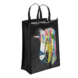 Unicorn DIY Diamond Painting Handbag Kits, Including Canvas Bag, Resin Rhinestones, Pen, Tray & Glue Clay, Black, Unicorn, 350x290mm