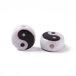 White Opaque Acrylic Beads, Flat Round with Yin Yang Pattern, White, 7x3.5mm, Hole: 1.2mm
