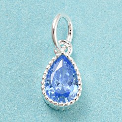 Cornflower Blue 925 Sterling Silver Charms, with Cubic Zirconia, Faceted Teardrop, Silver, Cornflower Blue, 8.5x5x3mm, Hole: 3mm